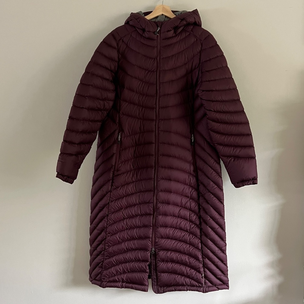 L.L. Bean - Down Hooded Coat, Three-Quarter Length, Burgundy, Size Large